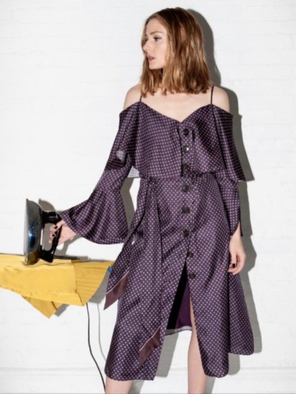 Banana Republic X Olivia Palermo Plum Daisy Print Off-Shoulder Button Midi Dress